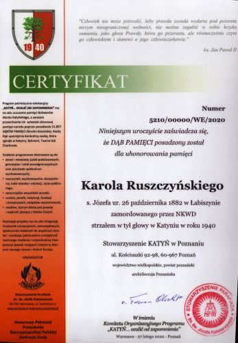 Certyfikat Dębu Pamięci Karola Ruszczyńskiego