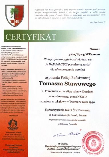Stawowy_Tomasz-Certyfikat Certyfikat Dębu Pamięci Tomasza Stawowego
