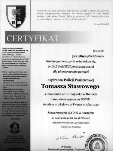 Certyfikat Dębu Pamięci Tomasza Stawowego