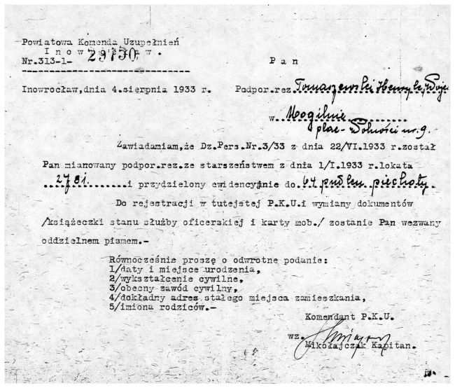 Dokument mianowania podporucznikiem Henryka Tomaszewskiego  