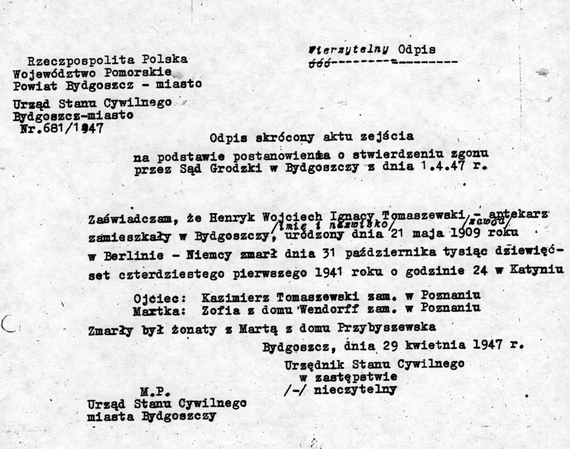 Odpis aktu zejścia Henryka Tomaszewskiego