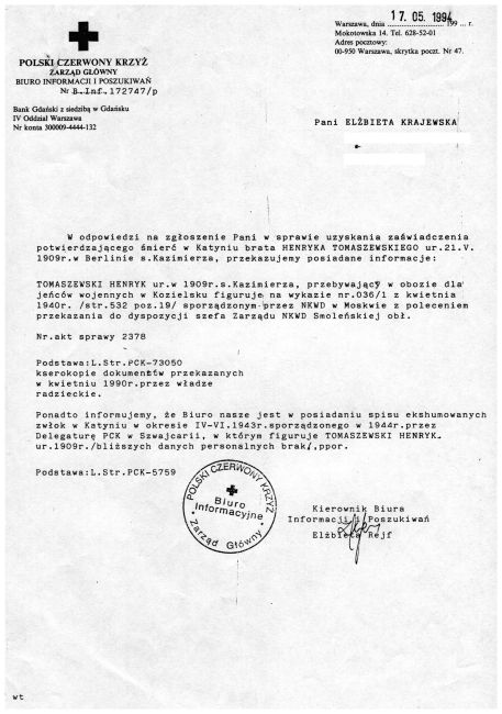 Informacja z PCK dotycząca Henryka Tomaszewskiego