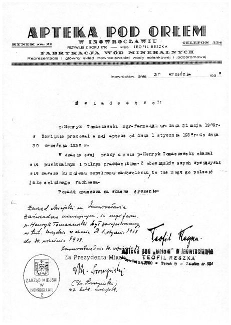 Świadectwo pracy Henryka Tomaszewskiego