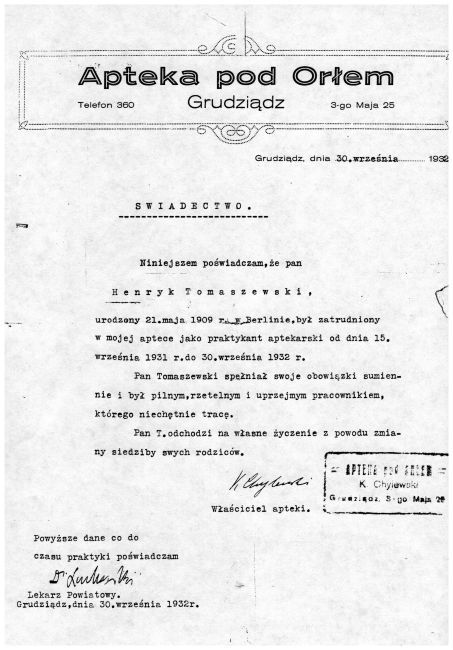 Świadectwo pracy Henryka Tomaszewskiego