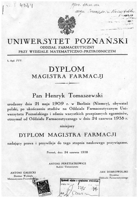 Dyplom uniwersytecki Henryka Tomaszewskiego