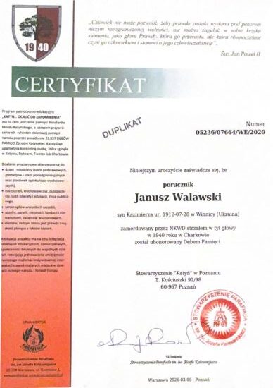 Certyfikat dębu pamięci Janusza Walawskiego