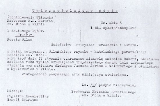 Odpis aktu urodzenia i chrztu Roberta syna Janusza Walawskiego