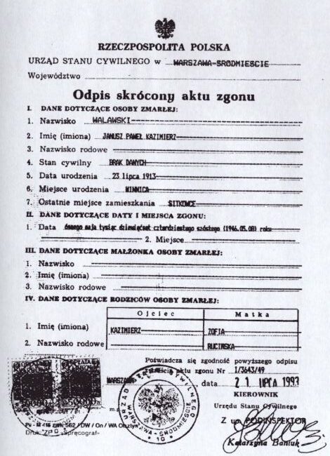 Skr&oacute;cony odpis aktu zgonu Janusza Walawskiego